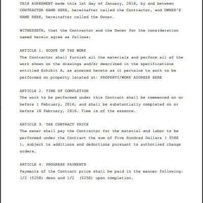 Construction Contractor Agreement: PDF Form Only