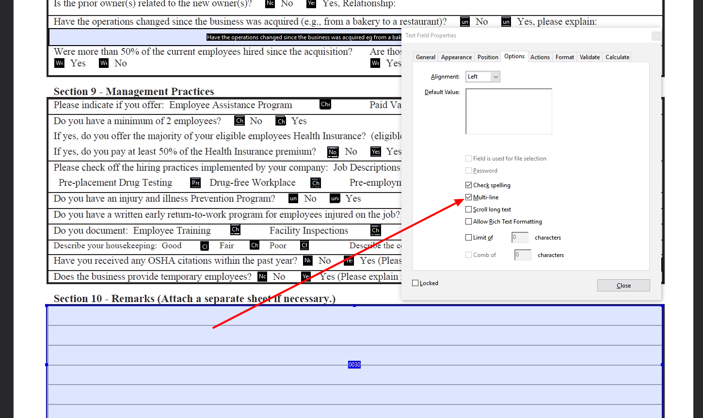 Multi-line PDF field