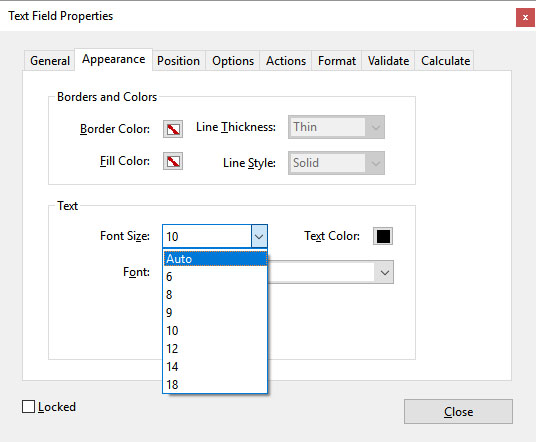 Adobe Form Field - Font Size Property