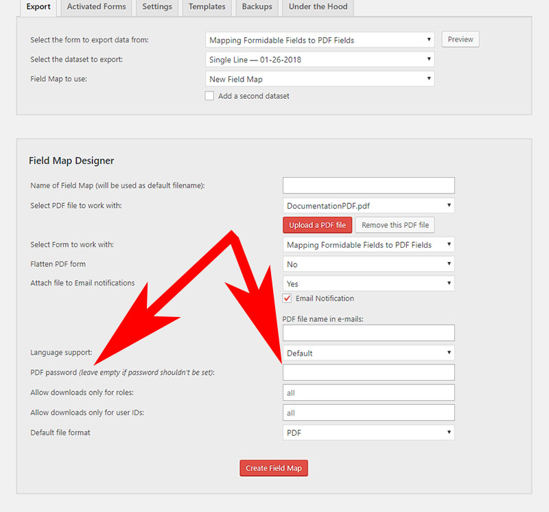 Default PDF Password field on the Field Map Layout